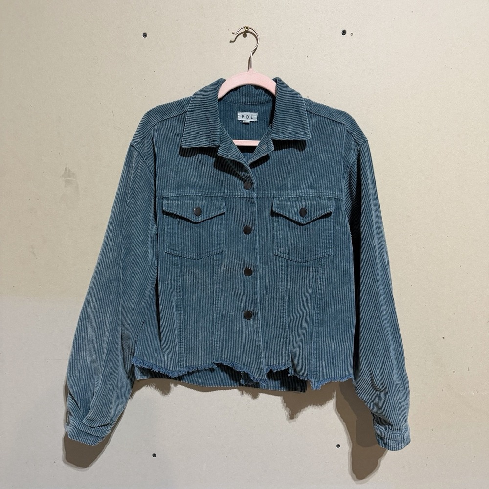 POL Clothing Corduroy Shacket Asymmetrical Raw Hem Teal Blue Jacket Small